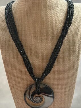 Multi strand Black Beaded Swirl Pendant Necklace